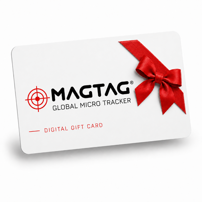 A white MAGTAG digital gift card with a red ribbon bow, featuring the MAGTAG logo and the text 'GLOBAL MICRO TRACKER' and 'DIGITAL GIFT CARD'.